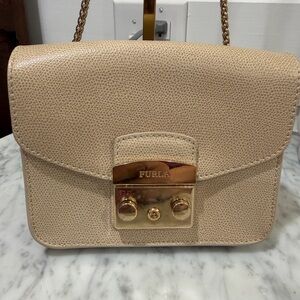Furla Beige Textured Leather Crossbody with Gold Hardware
